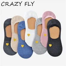Магазин Crazy Fly невидимые носки нескользящие Золотое любовное сердце узор низкий короткие носки хлопок лодка неглубокие носки для женщин Meias Sokken