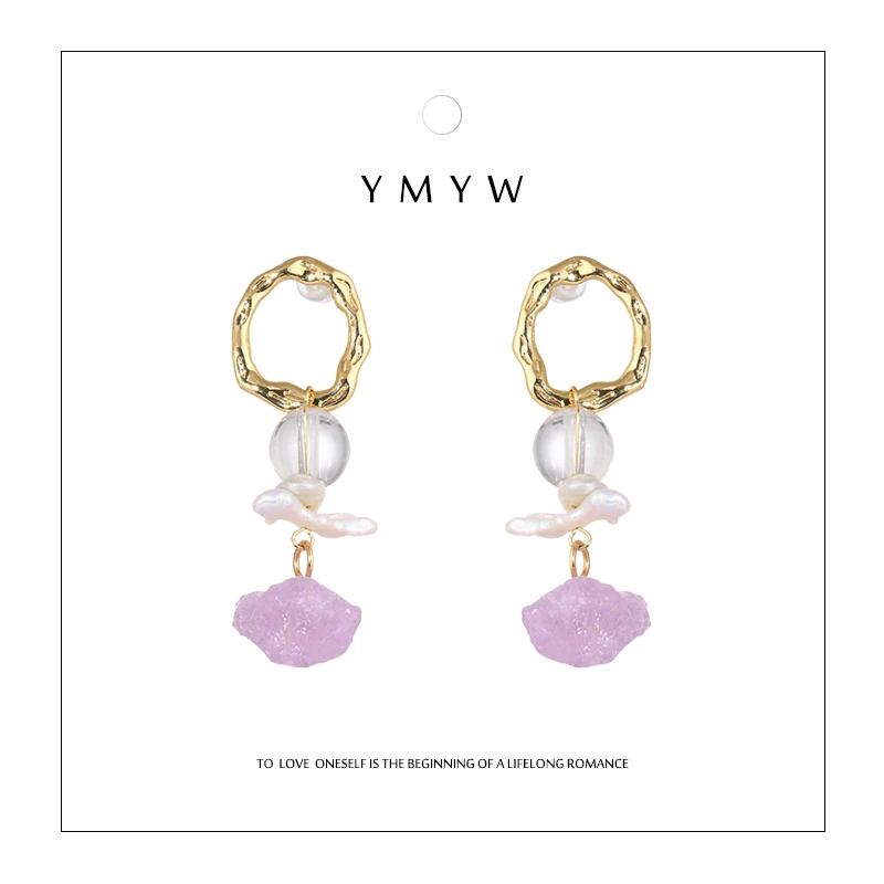 

YMYW Luxury Romantic Nature Freshwater Pearl Purple Stone Long Dangle Drop Earrings Charms Wedding Party Women Jewelry Brincos