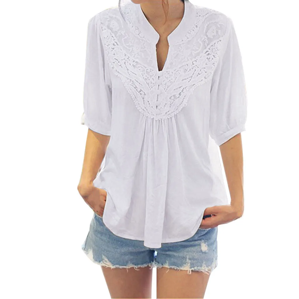 

Fashion Womens Lace Chiffon Blouse Women Haft Sleeve Loose Blouse Shirt Womens Clothing Feminine Blouse