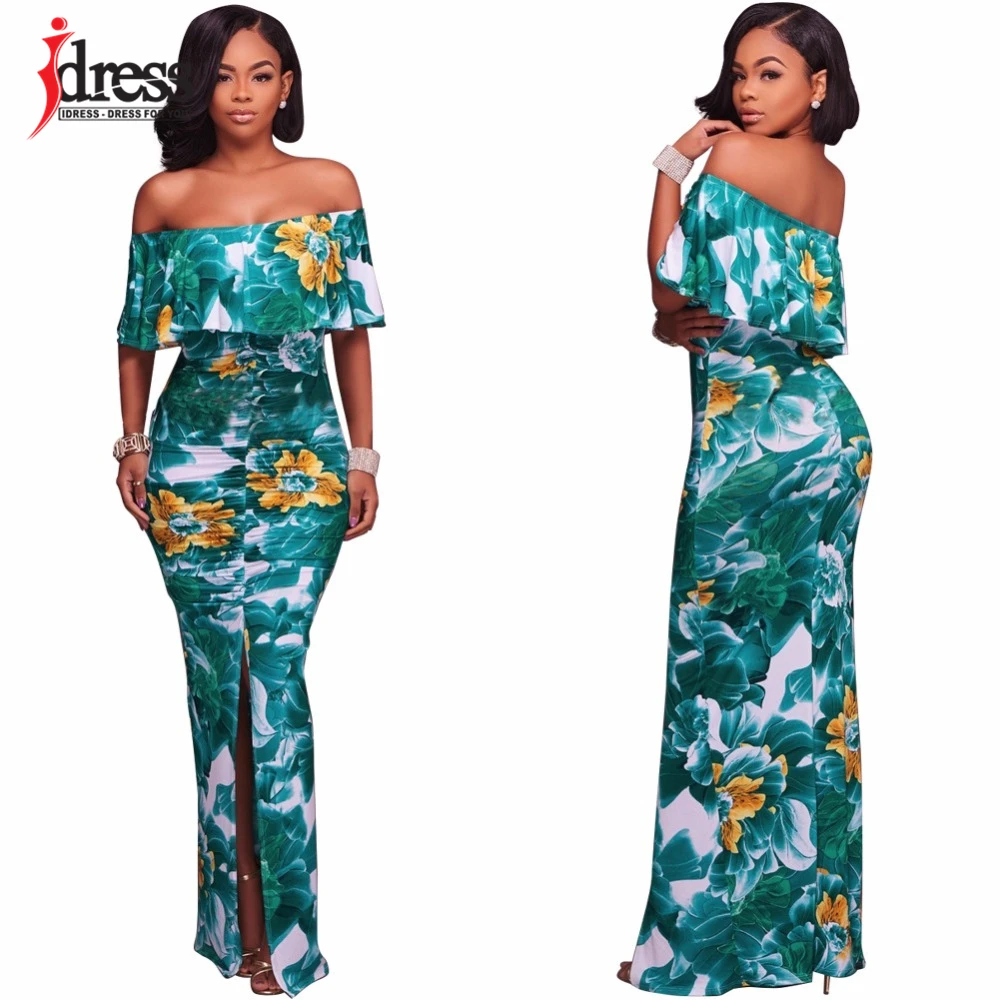 

IDress New Sexy Slash Neck Strapless Pattern Floral Split Women Maxi Dresses Off the Shoulder Ruffles Print Long Dress Vestidos