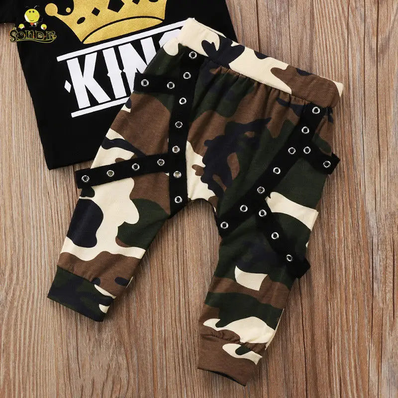 SONDR 2Pcs Boy Short Sleeve King Print T Shirt Top and Camouflage Pants Set for Boy and Baby boutique Kids Clothes SONDR 2Pcs Boy Short Sleeve King Print T Shirt Top and Camouflage Pants Set for Boy and Baby boutique Kids Clothes