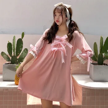 

Solid Color Lace Sexy New Summer Bow Lace Stitching Pajamas Pink Woman Dress Lolita Sweet Princess Home Women's Clothing Dress