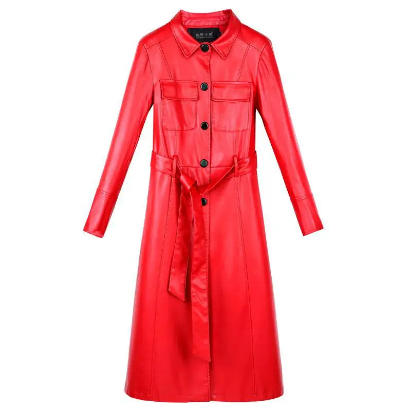 Women Vintage X-long Genuine Sheep Leather Spring Turn-down Collar Single Breasted Plus Size Trench Coats Windbreaker