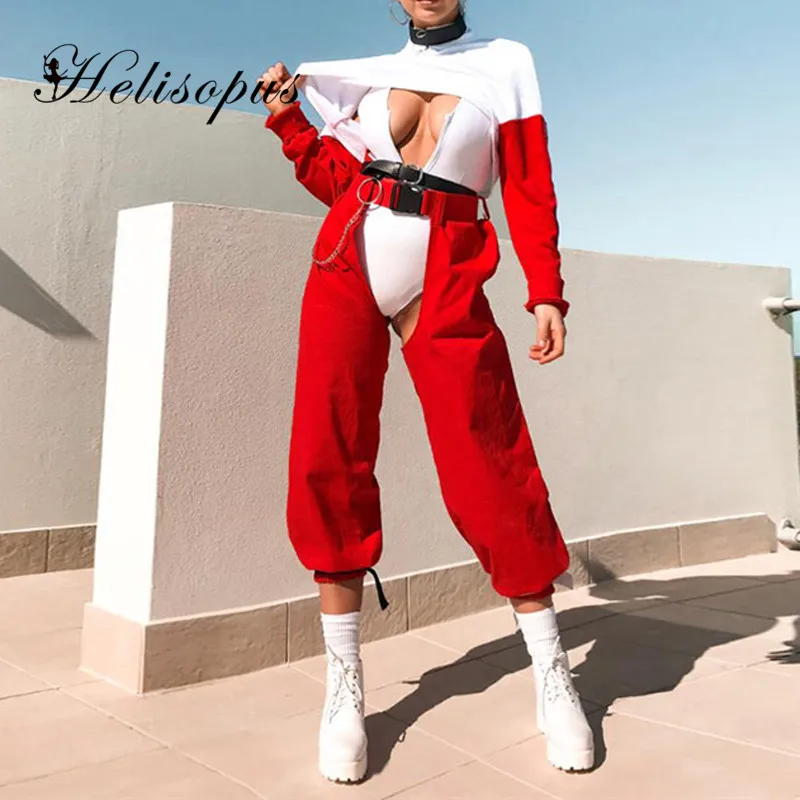 

Helisopus Solid Red Loose Sweat Pants Women 2019 Autumn New High Waist Button Pants Sexy Hollow Out Knitted Casual Trousers