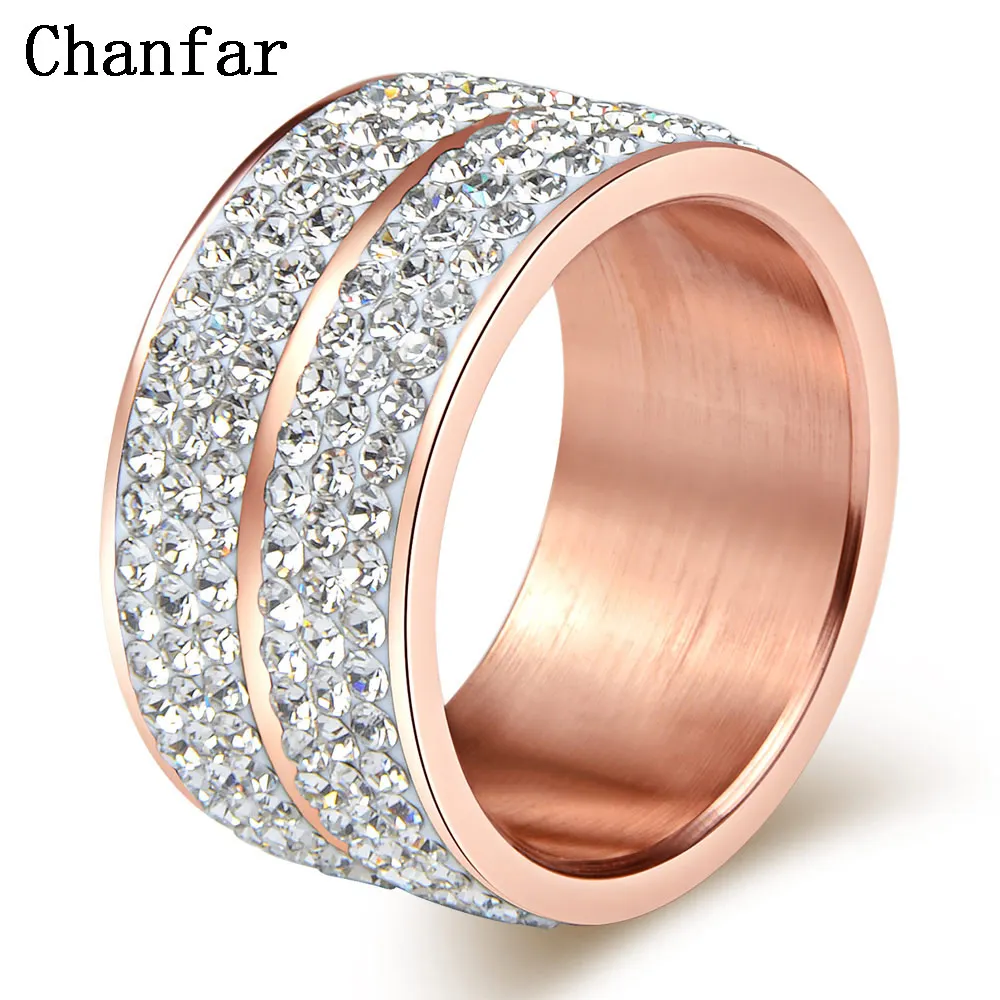 

Chanfar Elegant Rose Gold Color Rhinestone Crystal Ring Wide Stainless Steel Love Rings For Women Engagement Jewelry