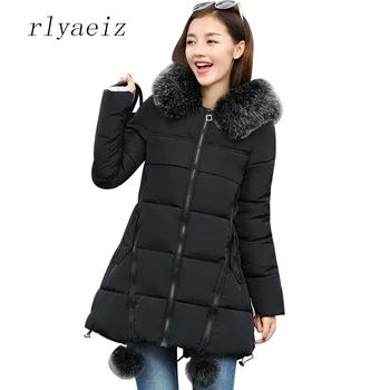 

Rlyaeiz 2019 Fashion Fur Collar Winter Jackets Women Outwear Casual Thicken Warm Parka Pure Color Hooded Women Winter Overcoat