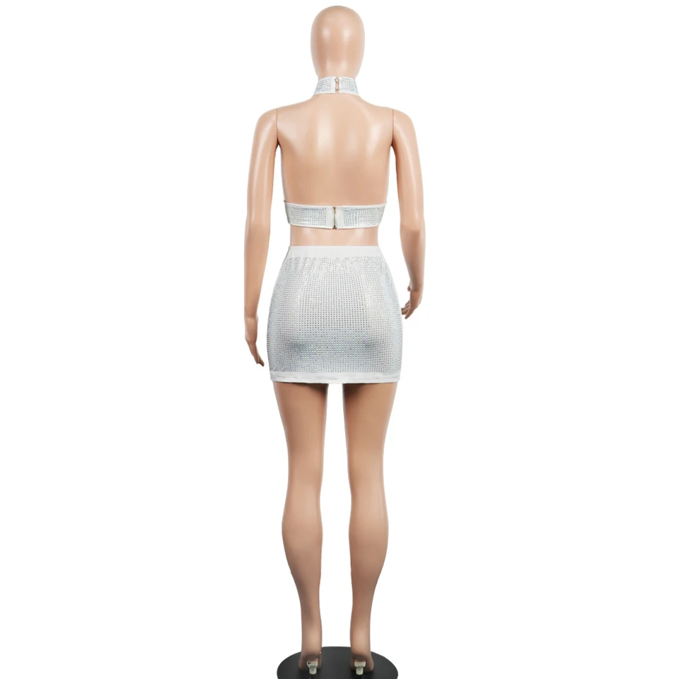 JillPeri женский укороченный топ с бретельками и мини-юбка комплект из двух предметов сексуальный глубокий v-образный вырез Высокая талия наряд Роскошная шикарная Клубная одежда с кристаллами