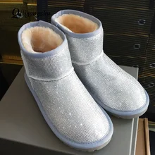 Серебристо женские зимние ботинки зима со стразами теплый из натуральной кожи и мех шерсти на среднем каблуке черный белый на платформе до середины икры ручная работа женские сапоги угги женские со стразами