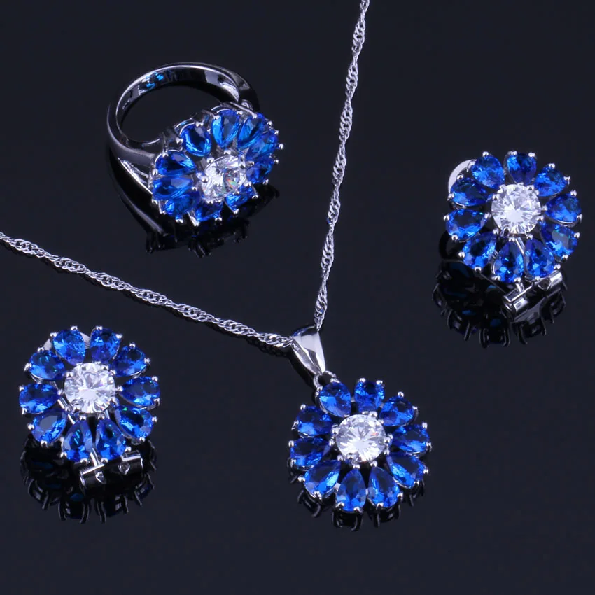 

Stunning Blue Cubic Zirconia White CZ 925 Sterling Silver Jewelry Sets For Women Earrings Pendant Chain Ring V0312