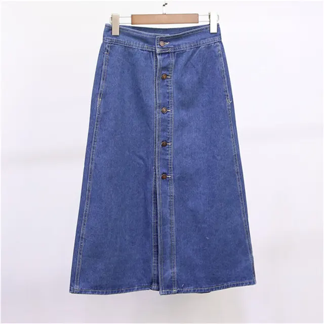 Long Blue Jean Skirts for Women 2016 High Waist Single Breasted Buttons