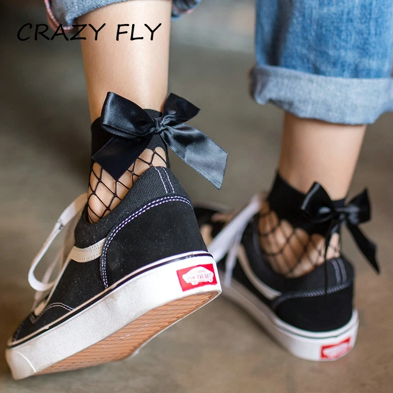 

CRAZY FLY Women\x27s Socks Black Breathable Bow knot Fishnet Socks Women Harajuku Sexy Sock Hollow Nets Transparent Mesh Socks
