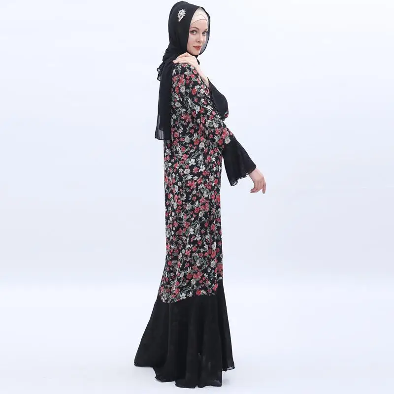 Винтажное мусульманское женское шифоновое платье с цветочным принтом, двустороннее длинное платье с рыбий хвостом, abaya islam, одежда с двух