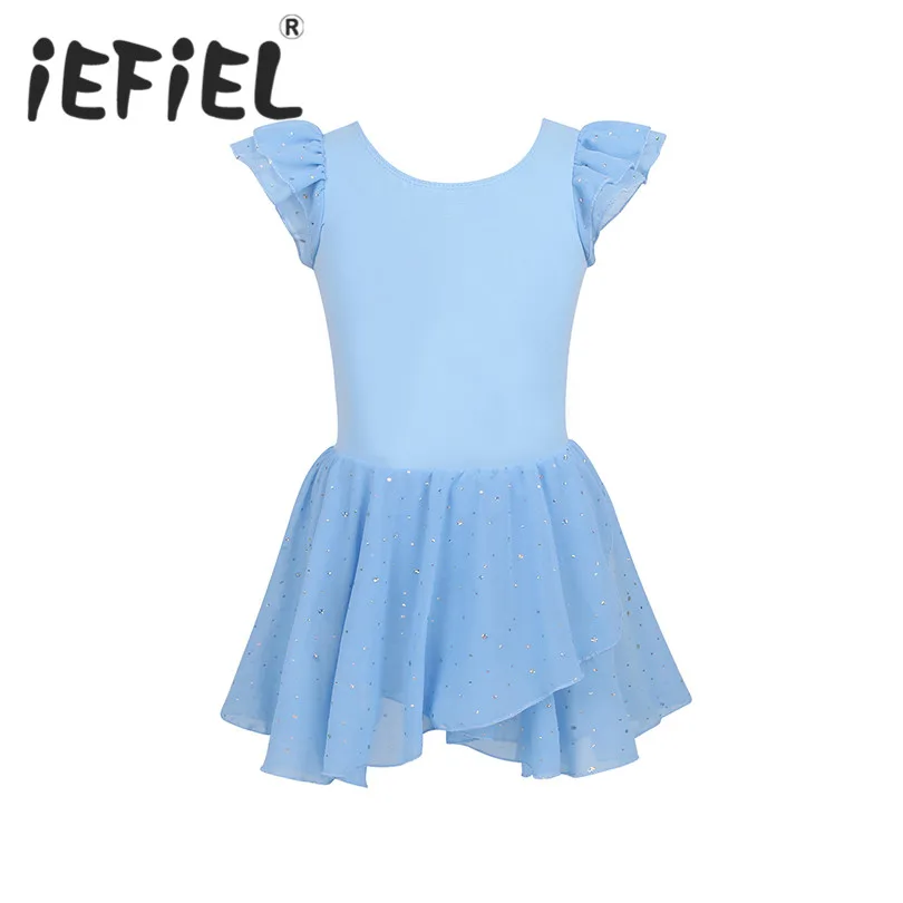 Детские шифоновые балетные и гимнастические трико с короткими рукавами и оборками для девочек