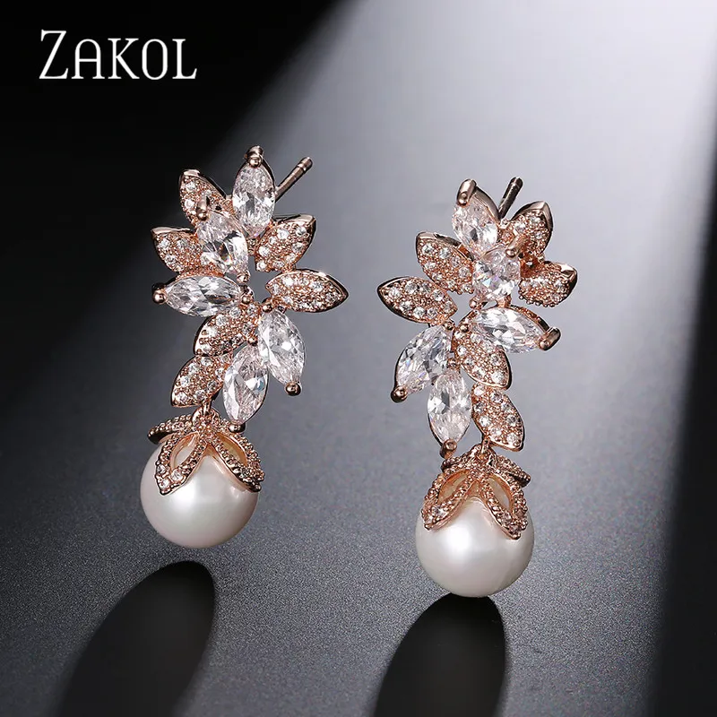 ZAKOL Fashion Design Elegant Female Jewelry White Gold CZ Drop Earings With Imitation Pearls For Gift FSEP568