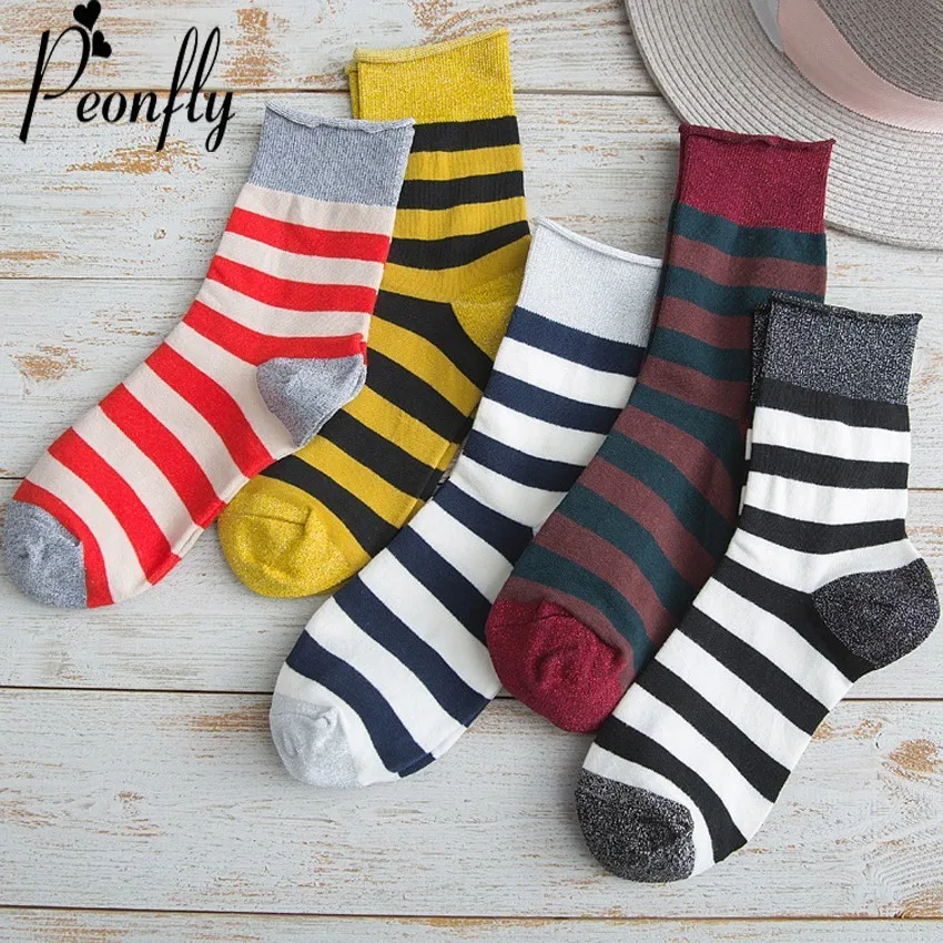 

PEONFLY Hipster Gold Silver Yarn Volume Edge Socks Women Fashion Striped Pattern Casual Socks High Quality Cotton Socks Female