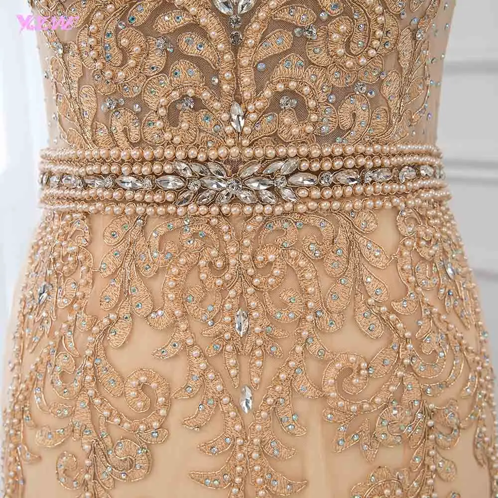 Золотое кружевное вечернее платье с длинным рукавом, Длинные вечерние платья с аппликацией из кристаллов, элегантное женское вечернее платье YQLNNE