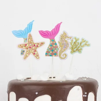 

5pcs Little Mermaid Tail cake topper Under Sea Party Girl Birthday Party Supplies Glittering Coral Cake toppers Decoration