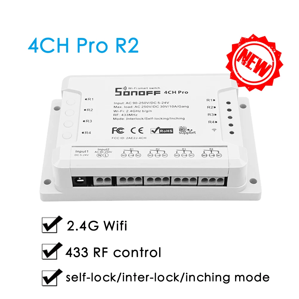 Sonoff 4CH Pro R2 умный Wifi переключатель, 4 комплекта, светильник, 433 МГц, РЧ пульт, Wi-Fi реле, приложение Ewelink с Alexa Google home - Комплект: 4CH Pro R2