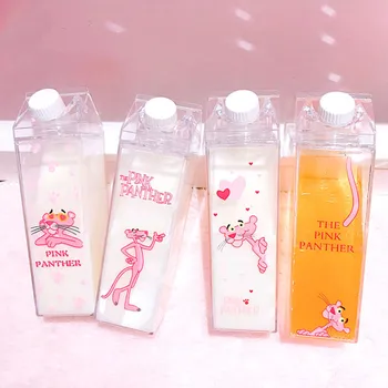 

500ML Creative Plastic Water Bottle Cute Milk Box Shape Transparent Water Bottles Cartoon Pink Panther Drink Bottle Drinkware