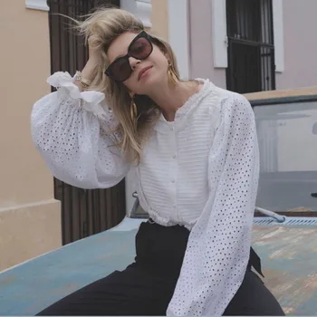 

2019 Early Spring White Cotton High Collar Lace Bubble Hollow Ladies Long Sleeve Shirt White Blouse Women Long Sleeve Shirts