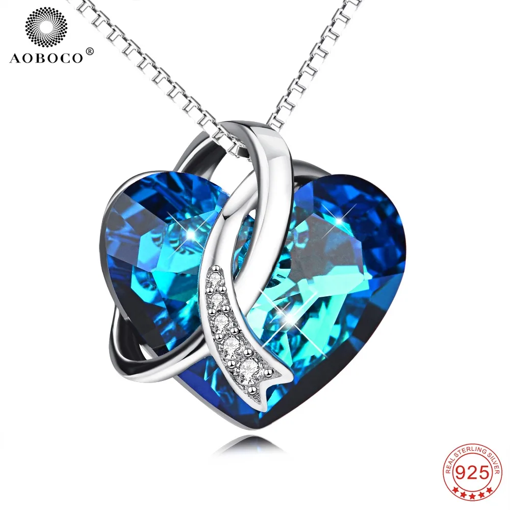 

AOBOCO Party Fine Jewelry Elegant Pendant Necklace Big Blue Heart Crystal Simple Love Choker For Women Girl High Quality