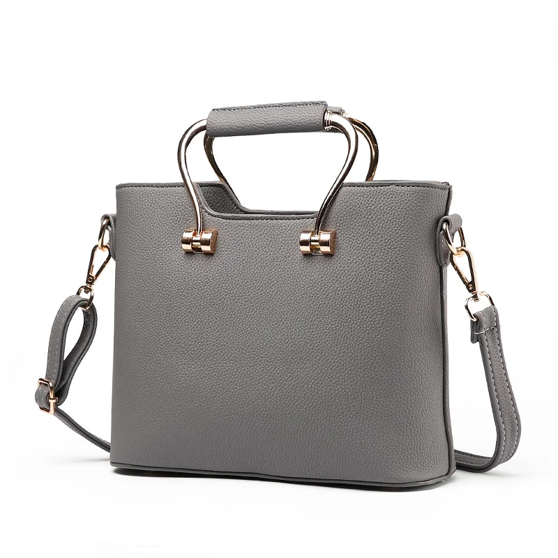 High Quality PU Office Lady Clutch Handbag Fashion Metal Handle Grey