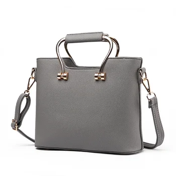 

High Quality PU Office Lady Clutch Handbag Fashion Metal Handle Grey Women Crossbody Messanger Tote