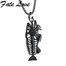 Hollow White Black Golden Jewelry Unique Fish Bone Pendant 22″Necklace 316L Stainless Steel Punk Personality Pendant FL1073