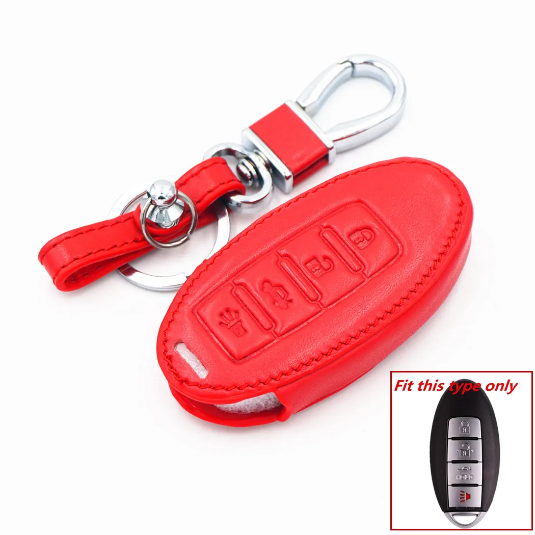 WFMJ Red Leather 4 Buttons Remote Smart Key Chain Cover Case Fob for Infiniti G37 M56 QX56 G35