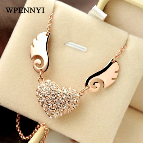 

Rose Gold Color Clear Rhinestones Fully Paved Heart shape Angel's Love Design Woman Pendant Necklace Wholesale