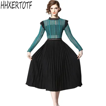 

High Quality Designer Runway Dress Spring Fashion Woman Long Sleeve Hollow Out Embroidered Blue Lace Patchwork Pleated Dresses