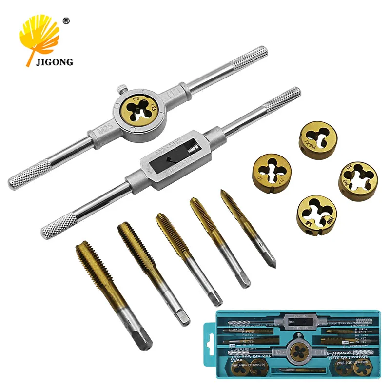 

12pcs Tap Dies Set NC Screw Thread Plugs Taps M6 M7 M8 M10 M12 Titanium plating Hand Screw Taps With Wrench