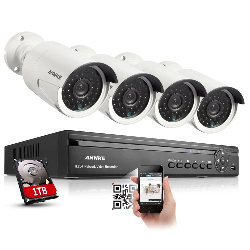 ANNKE 4CH HD 960P PoE NVR Kit CCTV System 1.3MP Network IP Camera Video Surveillance Security Cameras 1TB hard drive