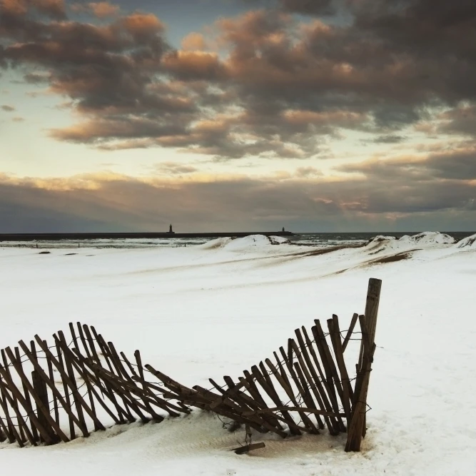 South Shields  Tyne And Wear  England; A Broken Fence In A Snow-Covered Field Poster Print (19 x 12)