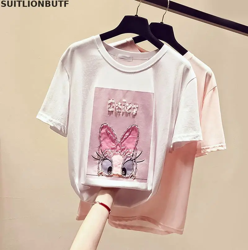 

SUITLIONBUTF Summer Funny T Shirt Women Cotton Cartoon Beading Letter Duck T Shirt Perfect Quality Solid Women T Shirt