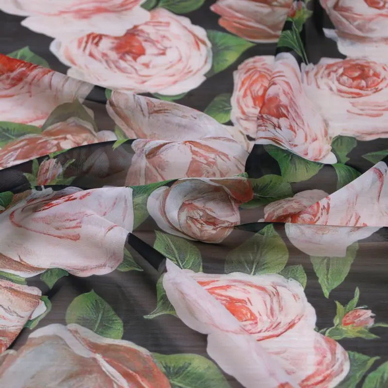 Тонкая шифоновая ткань с розовыми розами, мягкая шифоновая ткань из полиэстера tissus DIY для платья, шифоновая ткань для пляжного платья tissu au metre