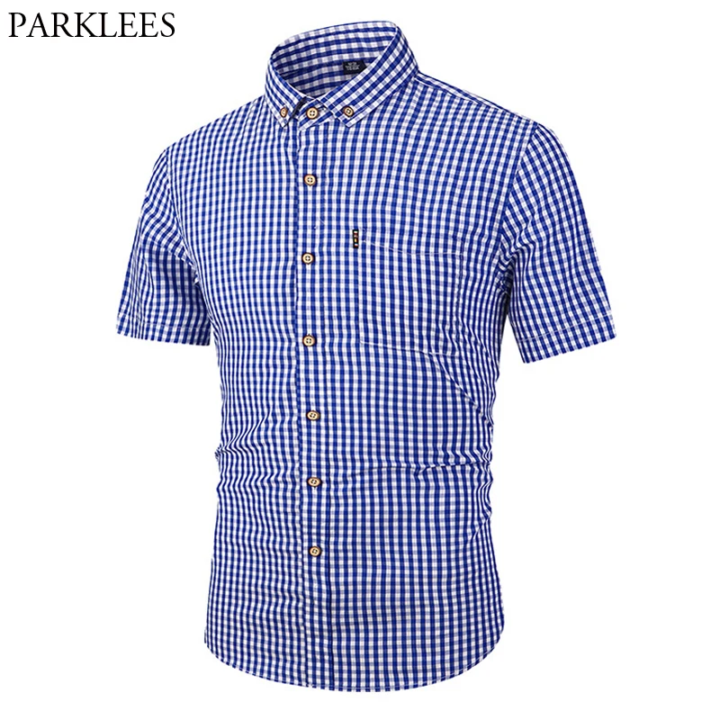 YYear Mens Short Sleeve Checkered Slim Fit Summer Button Down Dress Shirt