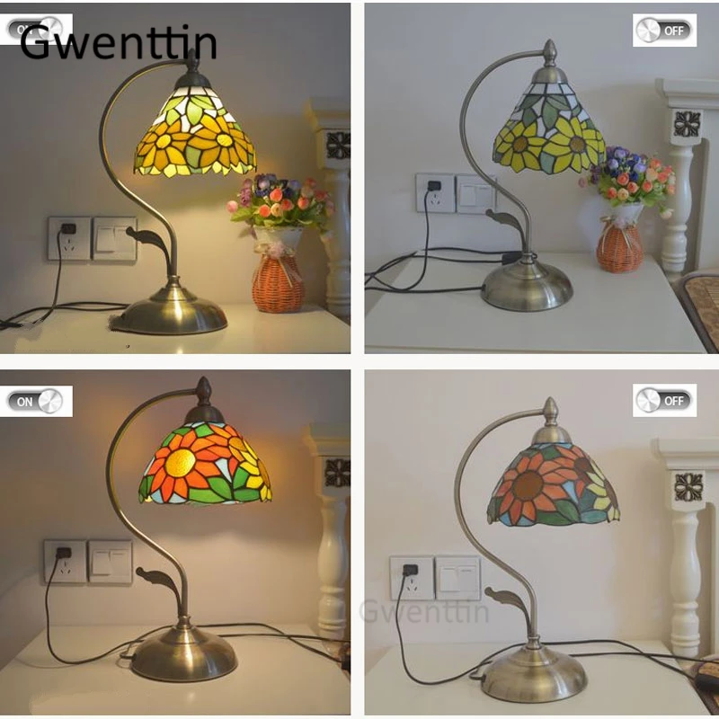 Средиземноморские витражные настольные лампы Тиффани для гостиной, спальни, настольная лампа, винтажный светодиодный светильник-подставка, Светильники для дома, арт-деко