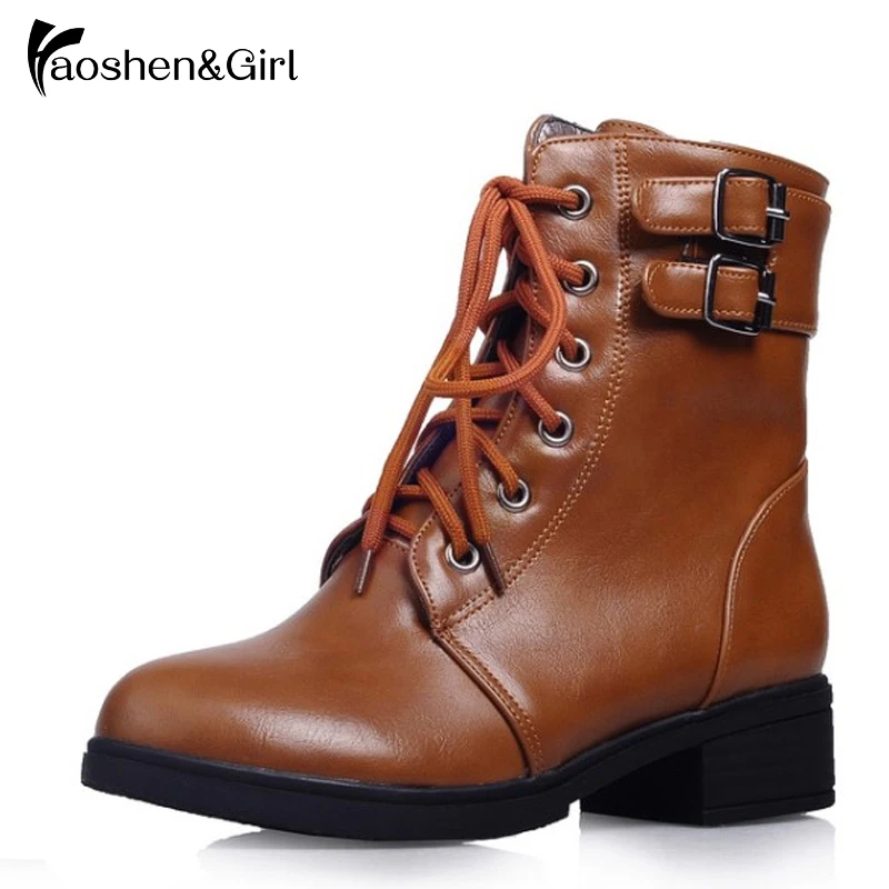 

Haoshen&Girl Black Boots Women Heel Autumn Winter Lace-up Soft Leather Riding Shoes Woman Martin Ankle Boots High Heel Size34-43