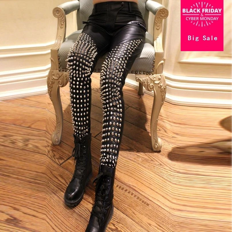 

2019 fashion brand heavy industry punk style metal rivets was thin PU leather pants high-Quality leather pencil pants wj239
