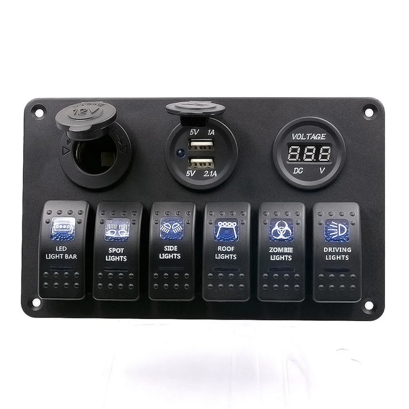 

12V 6 Gang Switch Panel Car Boat Marine Cigarette Lighter Rocker Breaker Circuit USB Voltmeter