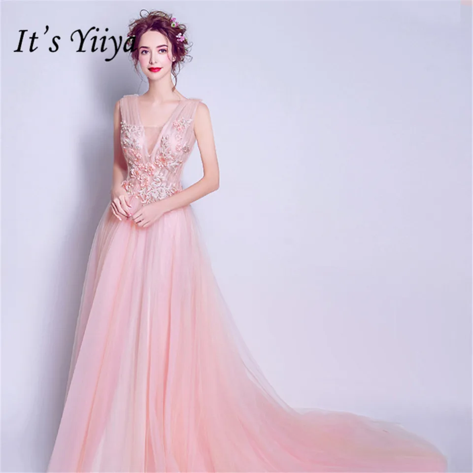 

It's YiiYa Train Evening Dress Beading Pearls Appliques Party Gowns Sexy Illusion Flowers V-neck Long Formal Prom Dresses E154