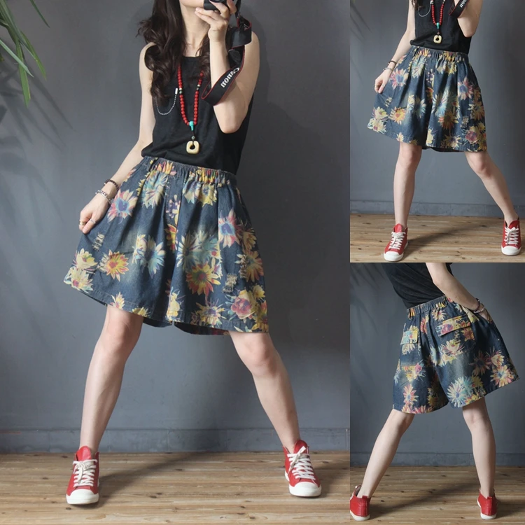 

Summer Women Casual All-match Loose Plus Size Floral Print Elastic Waist Wide Leg Shorts Pants Jeans Overalls