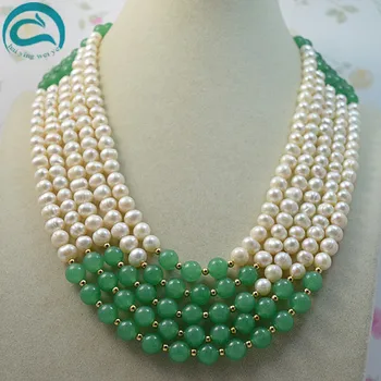 

Unique Pearls jewellery Store Classic 5row top quality white freshwater pearl green jade necklace AA7-8MM Fashion Lady's Jewelry