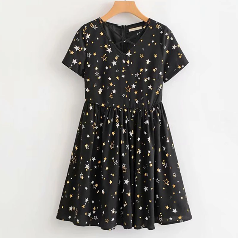 Women's Clothing Dress 2019 Hot Stamping Star Print Short Sleeve V-Neck Dress Ms Summer Sexy Slim Fit Temperament Clothing