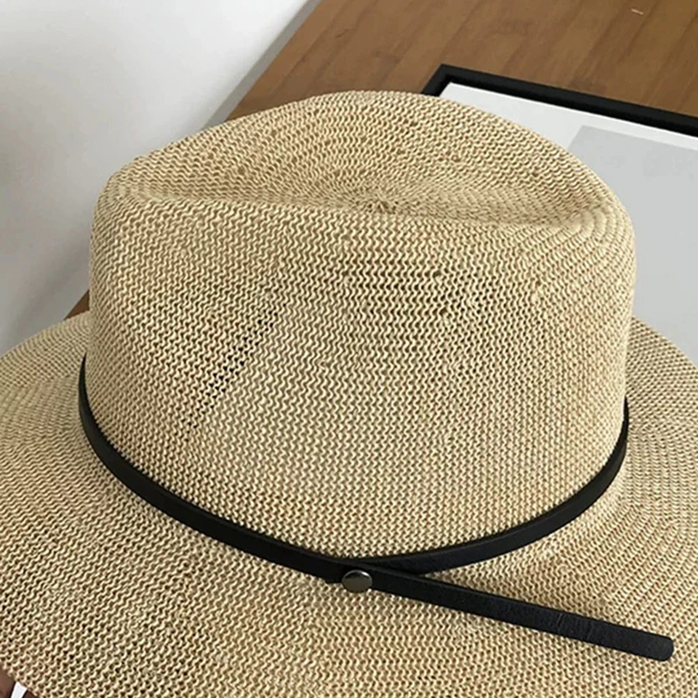 Новые одноцветные соломенные шляпы с пряжкой на ремне дышащие унисекс широкополый козырек шляпа Женская соломенный джазовый шляпы летняя пляжная шляпа