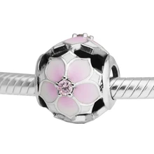 Подходит для Pandora Charms браслеты Magnolia Bloom Beads с бледно-серизной эмалью 925 пробы-серебро-ювелирные изделия