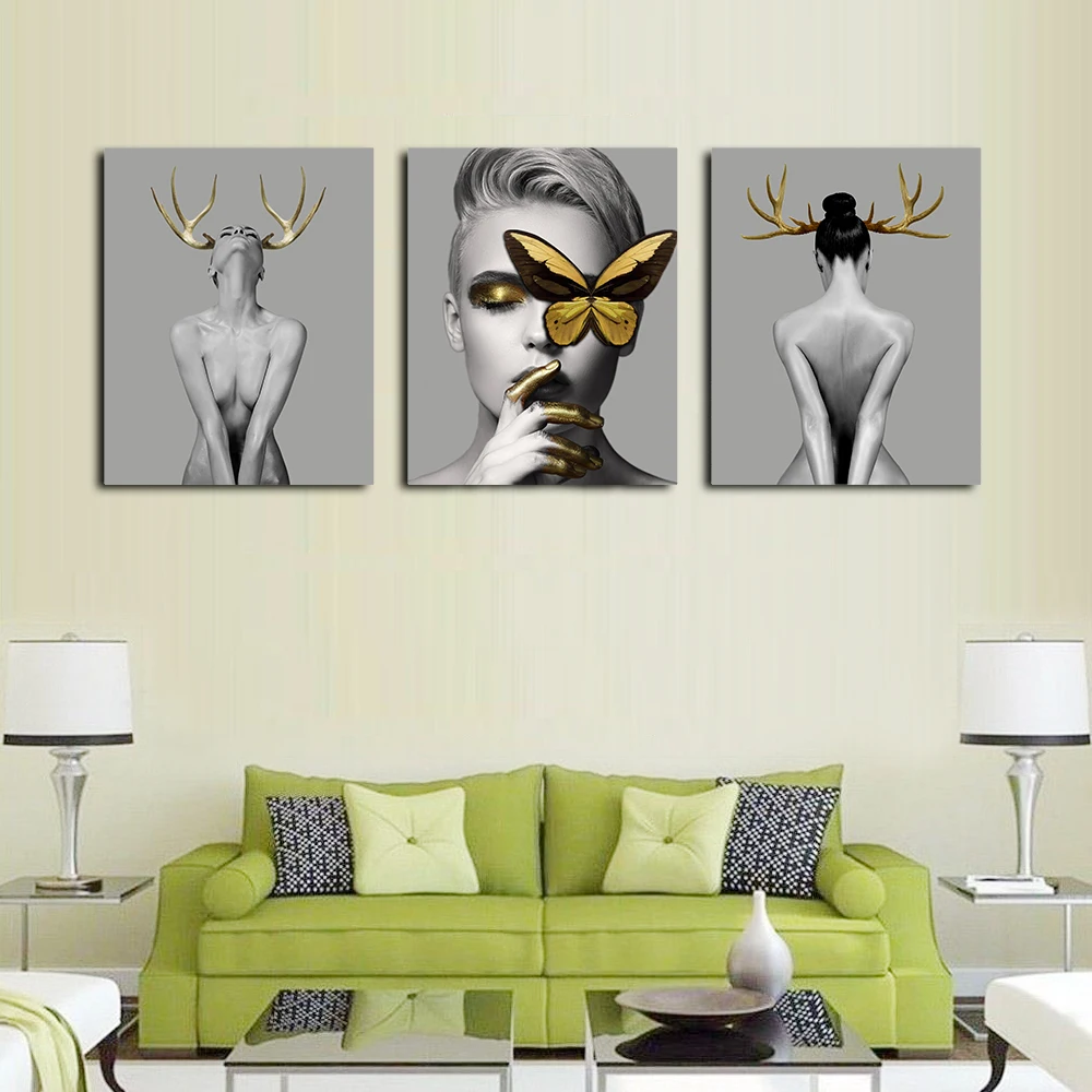 

Laeacco Canvas Calligraphy Paintings Deer Buttrefly Women Portrait Posters and Prints Wall Artwork For Home Living Room Decor