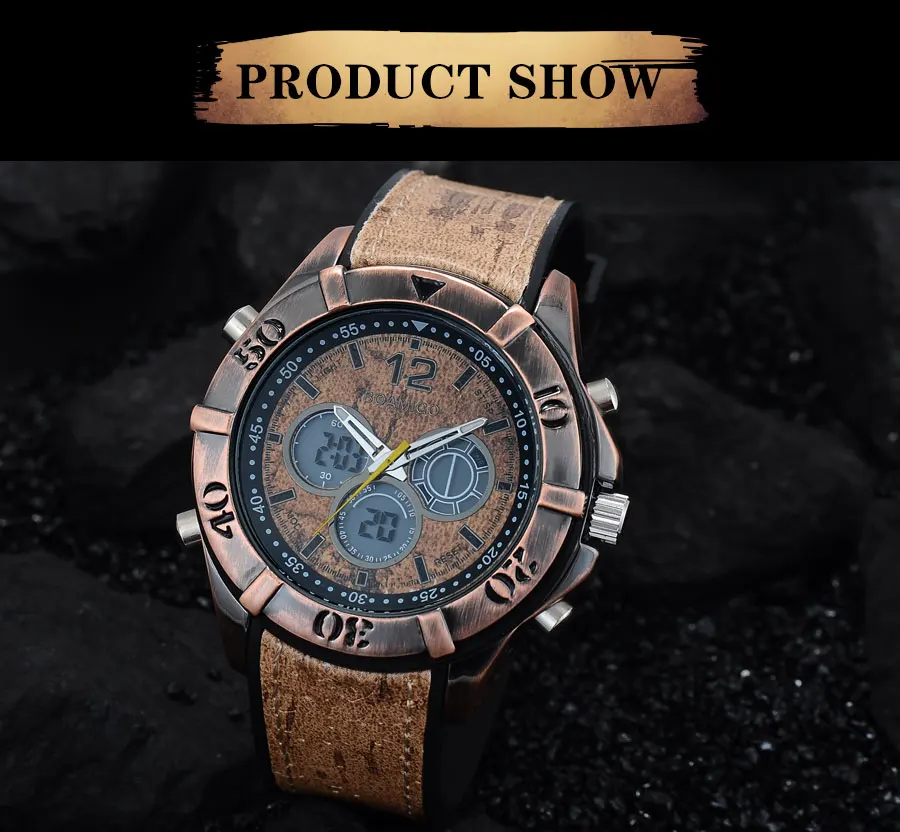 BOAMIGO Brand Vintage Punk Men's Watches Retro Wood Design Analog Digital LED Quartz Watch Waterpfoof 2 Time Zone Wristwatches (4)