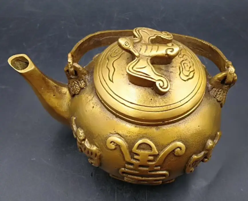 

China Collectible Relievo wealth Delicate Decor brass blessing teapot craft statue